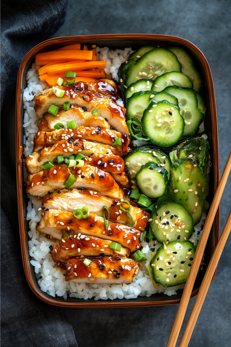 Neatly packed chicken teriyaki bento box with colorful sides