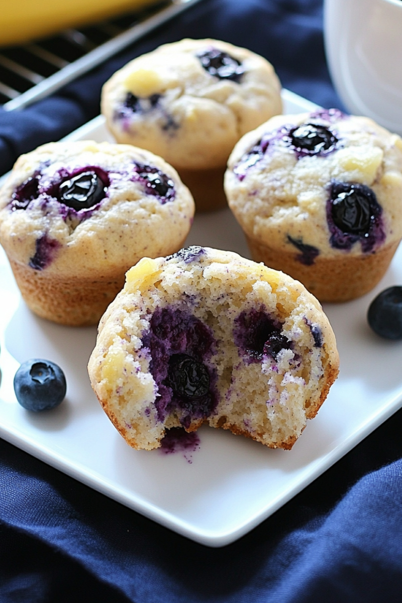 A sliced lemon banana blueberry yogurt muffin showing a fluffy, moist interior with juicy blueberries, placed on a white plate over a dark blue fabric background.