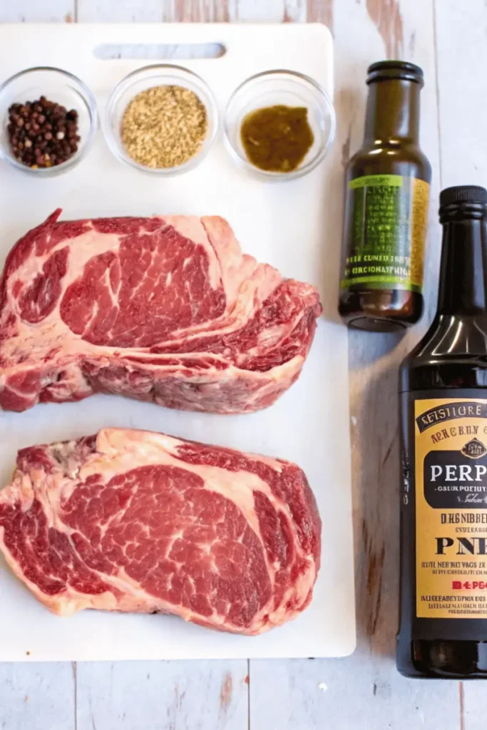 Air Fryer Steak 3 Air Fryer Steak ingredients with raw ribeye, seasoning, olive oil, and Worcestershire sauce