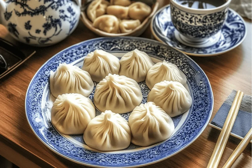 freshly steamed Din Tai Fung Style Xiao Long Bao in bamboo steamer