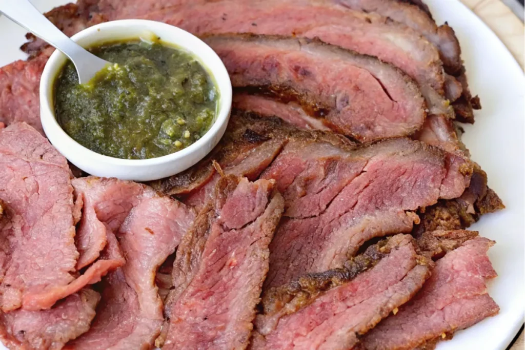 Sliced rotisserie picanha served with chimichurri sauce