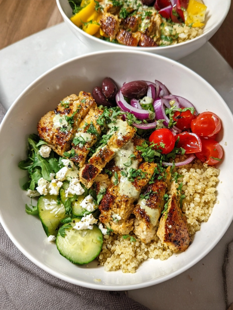 Mediterranean Chicken Bowl Recipe | Quinoa, Veggies, and Hummus